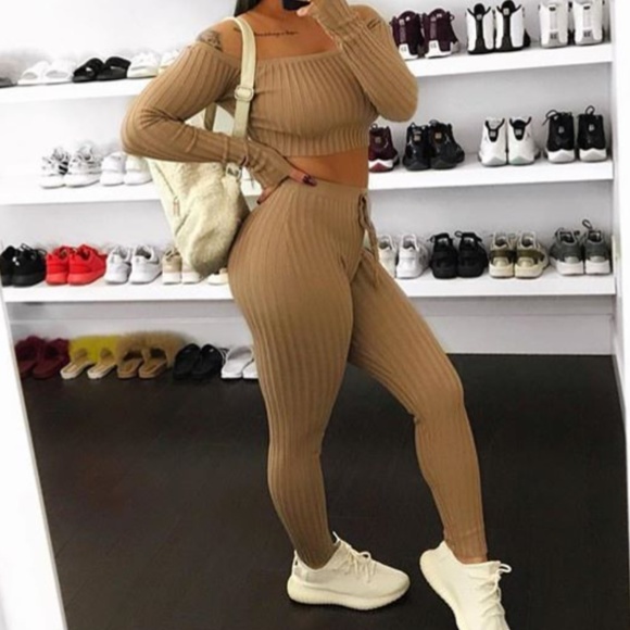 Fierce Broad Pants - Mocha Ribbed Off Shoulder Two Piece Set